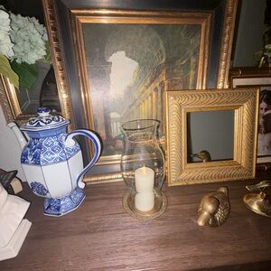 Source Unknown Clear Glass Hurricane with Gold-Tone Filigree Base